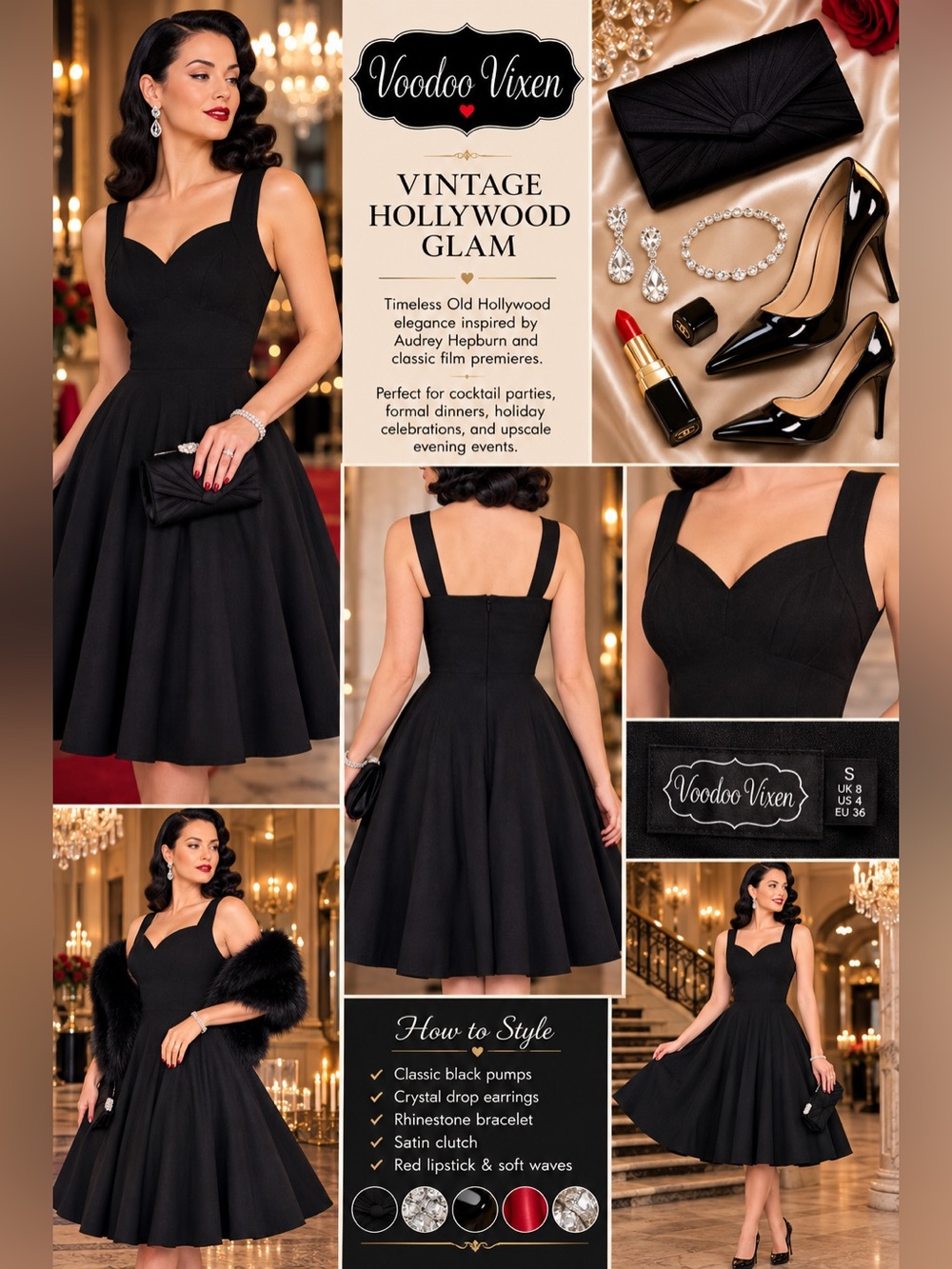 Voodoo Vixen Black Fit & Flare Swing Dress Criss Cross Strap Retro Pin Up Small - Picture 2 of 12